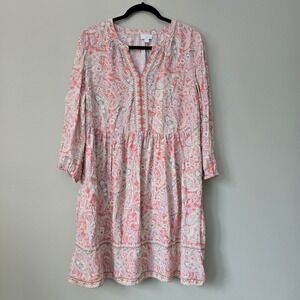 J. Jill Women L Paisley Tiered V Neck Long Sleeve Dress Coral Pink Beige